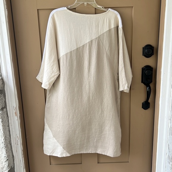 For Cynthia Sz L Linen Blend Color Block Lagenlook Shirt Dress Cream Tan - Picture 7 of 8